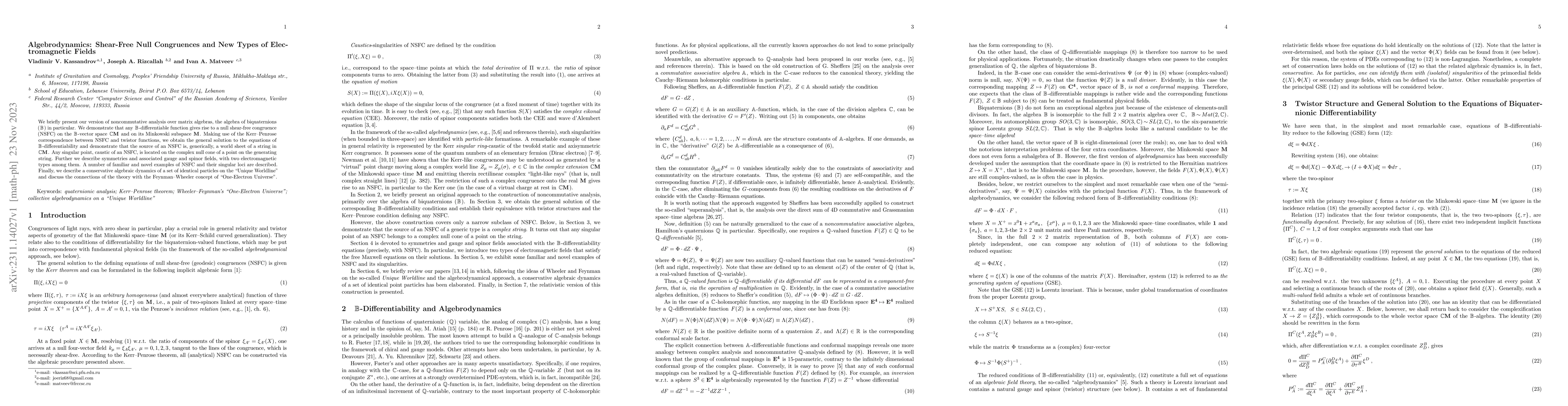 Thumbnail for Algebrodynamics: Shear-Free Null Congruences and New Types of
  Electromagnetic Fields