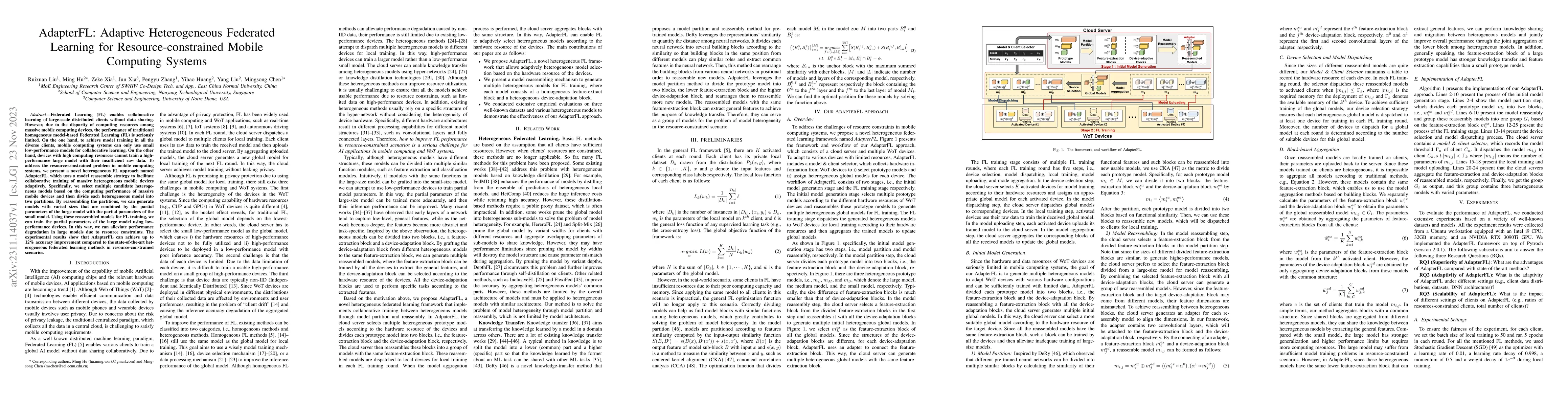 Thumbnail for AdapterFL: Adaptive Heterogeneous Federated Learning for
  Resource-constrained Mobile Computing Systems