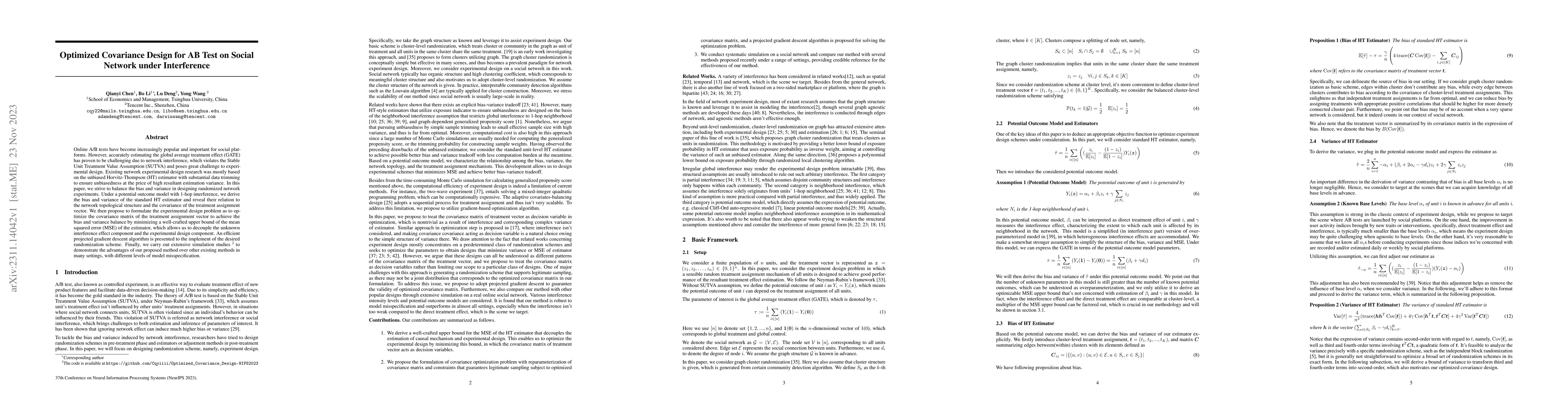 Thumbnail for Optimized Covariance Design for AB Test on Social Network under
  Interference