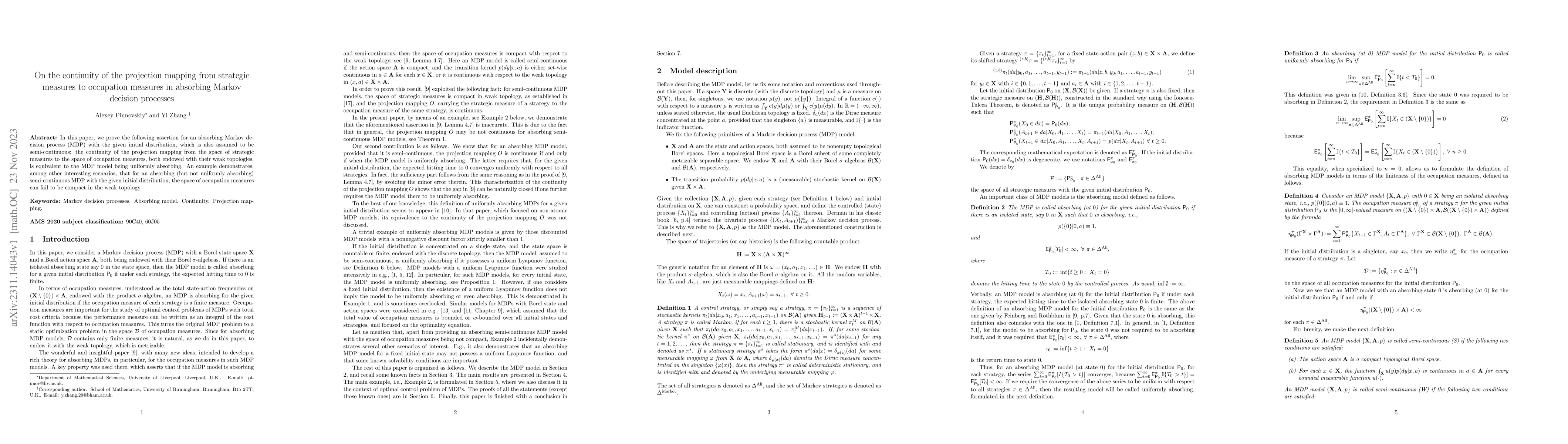Thumbnail for On the continuity of the projection mapping from strategic measures to
  occupation measures in absorbing Markov decision processes