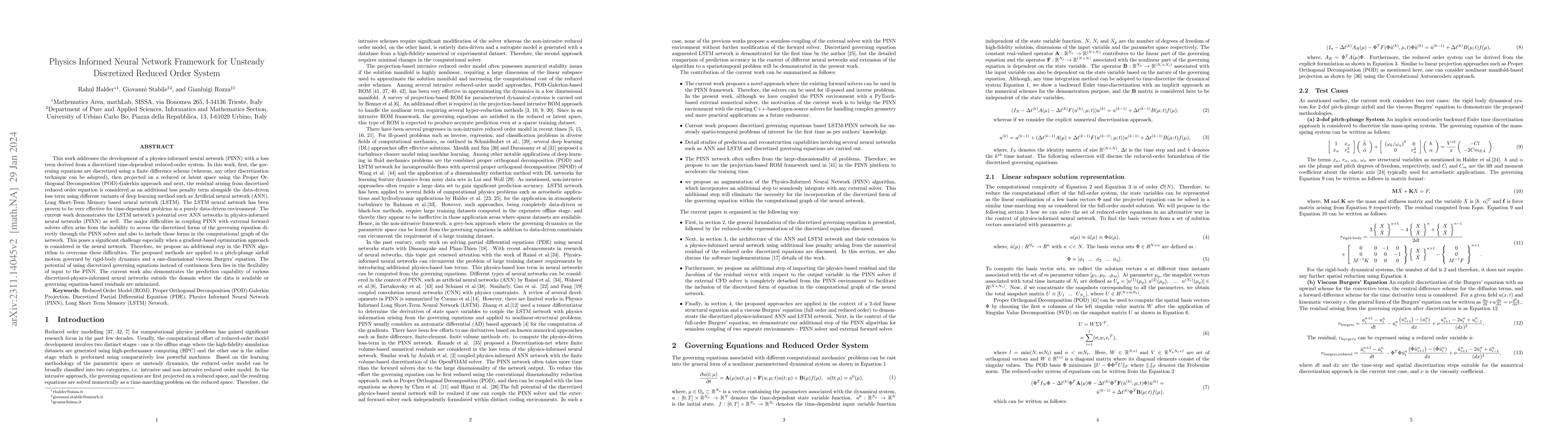 Thumbnail for Physics Informed Neural Network Framework for Unsteady Discretized
  Reduced Order System