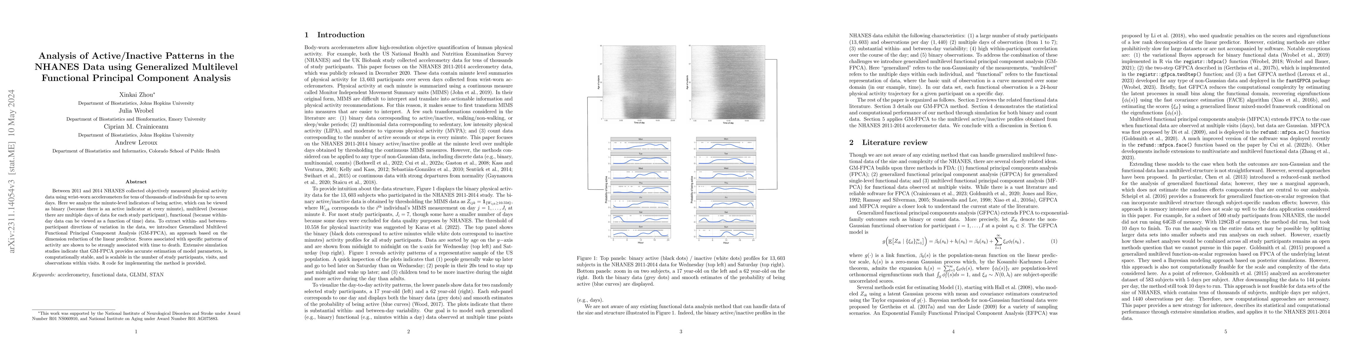 Thumbnail for Analysis of Active/Inactive Patterns in the NHANES Data using
  Generalized Multilevel Functional Principal Component Analysis