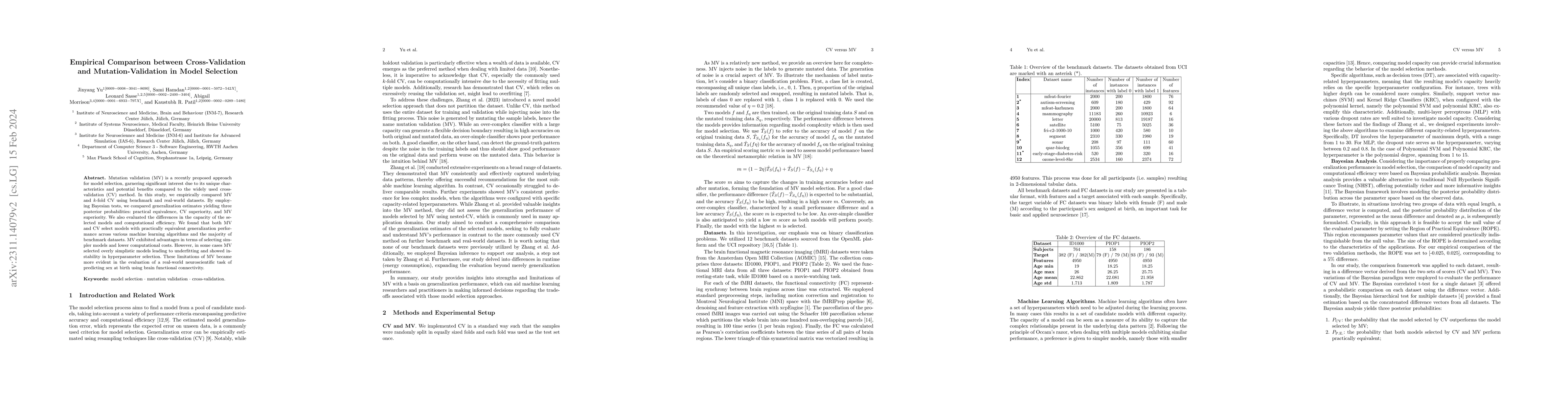 Thumbnail for Empirical Comparison between Cross-Validation and Mutation-Validation in
  Model Selection
