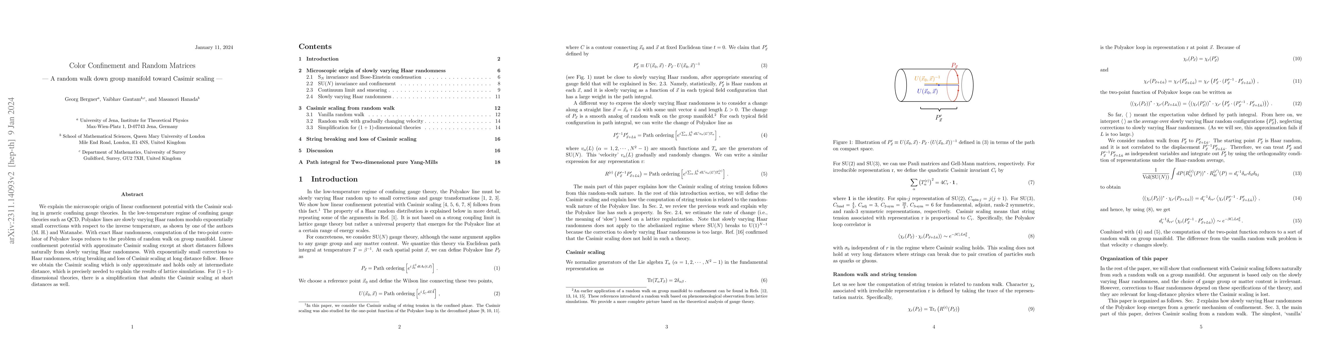 Thumbnail for Color Confinement and Random Matrices -- A random walk down group
  manifold toward Casimir scaling --