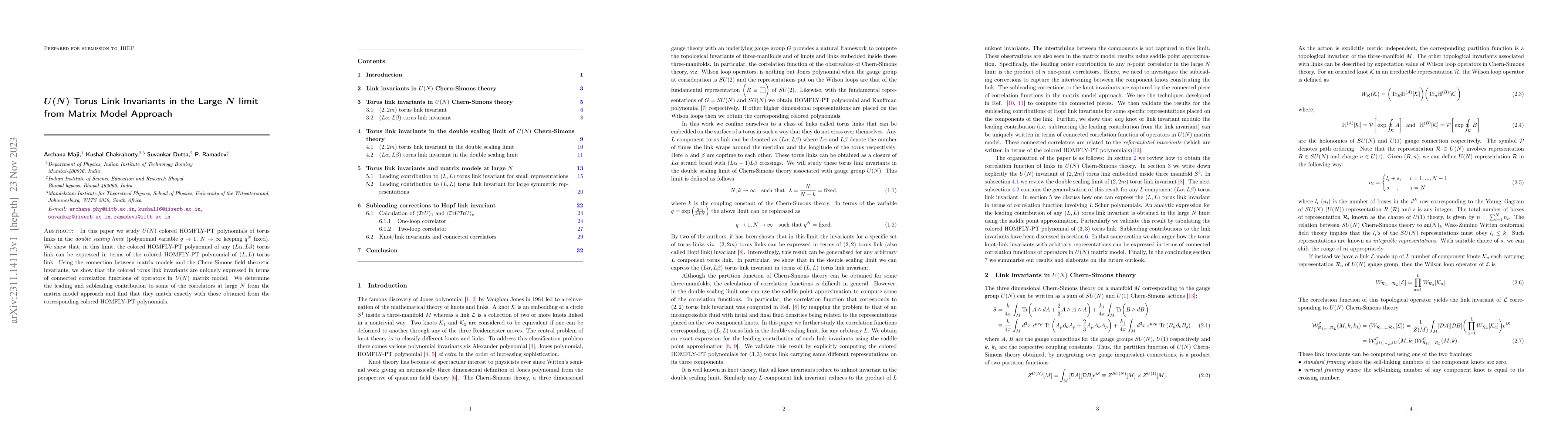 Thumbnail for $U(N)$ Torus Link Invariants in the Large $N$ limit from Matrix Model
  Approach