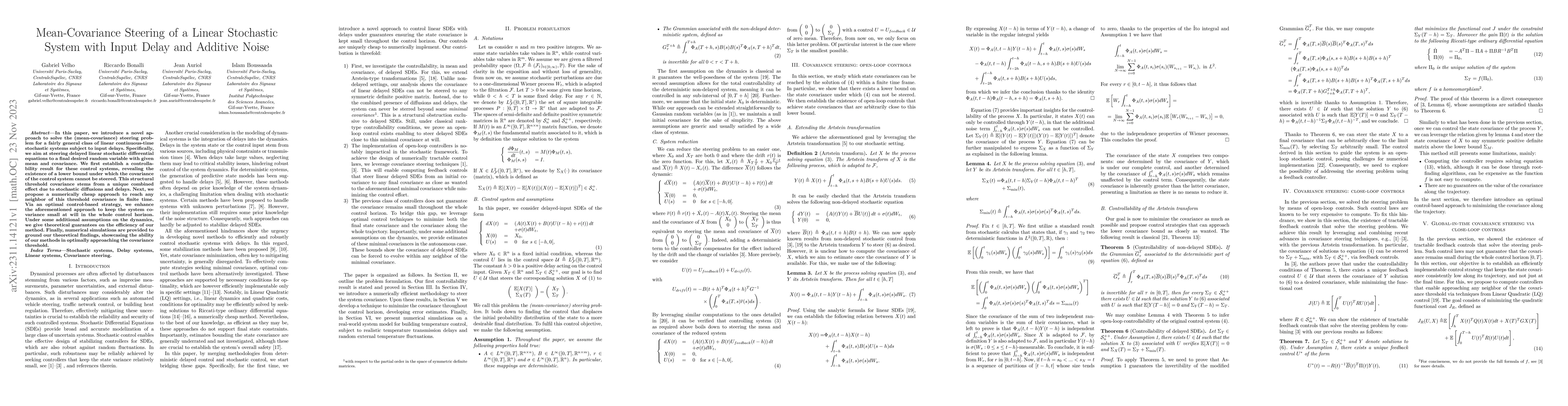 Thumbnail for Mean-Covariance Steering of a Linear Stochastic System with Input Delay
  and Additive Noise