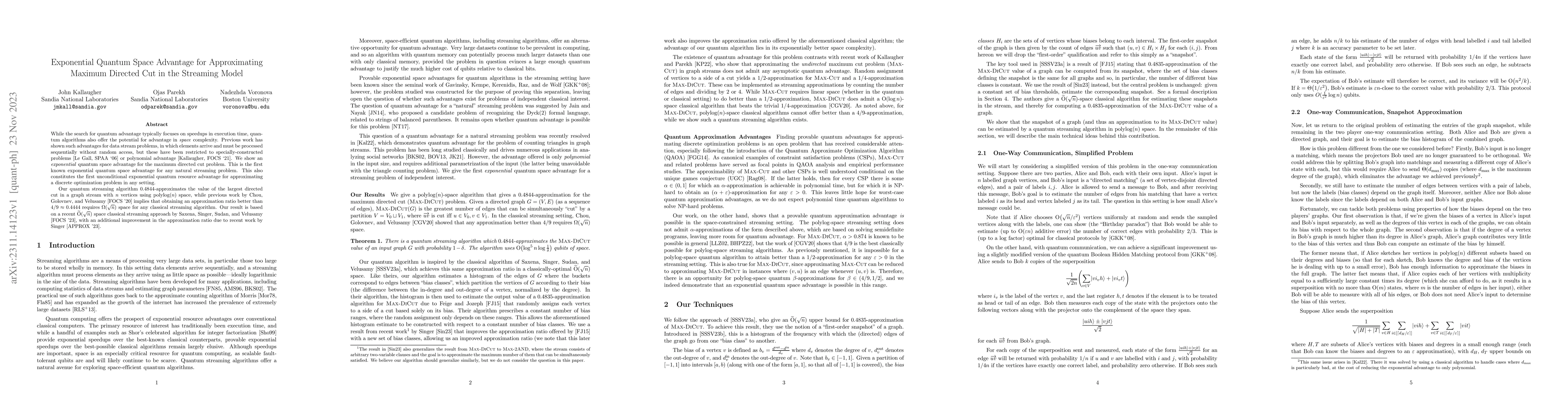 Thumbnail for Exponential Quantum Space Advantage for Approximating Maximum Directed
  Cut in the Streaming Model