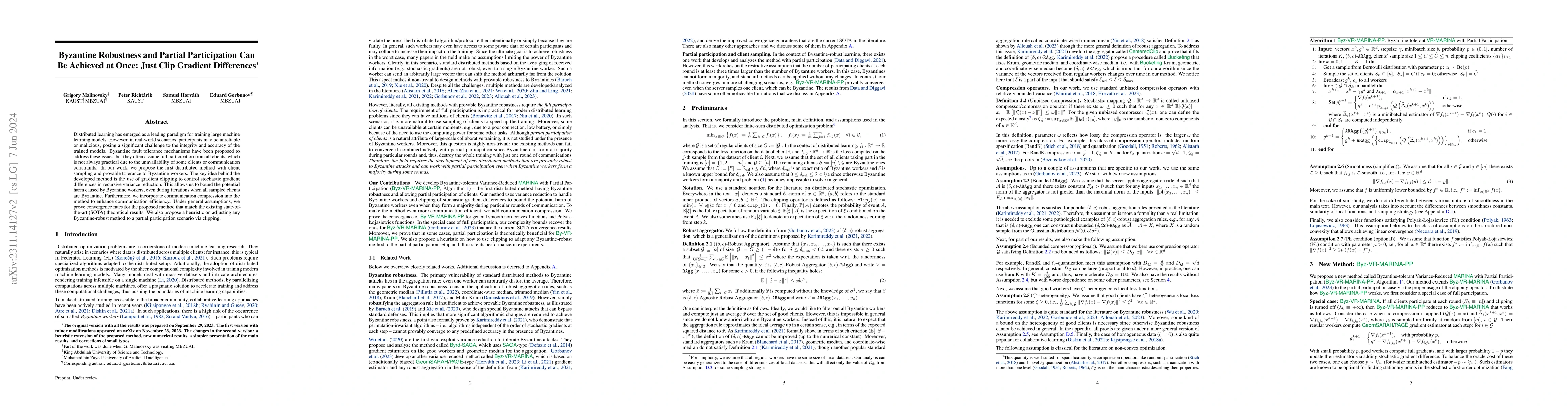 Thumbnail for Byzantine Robustness and Partial Participation Can Be Achieved at Once:
  Just Clip Gradient Differences