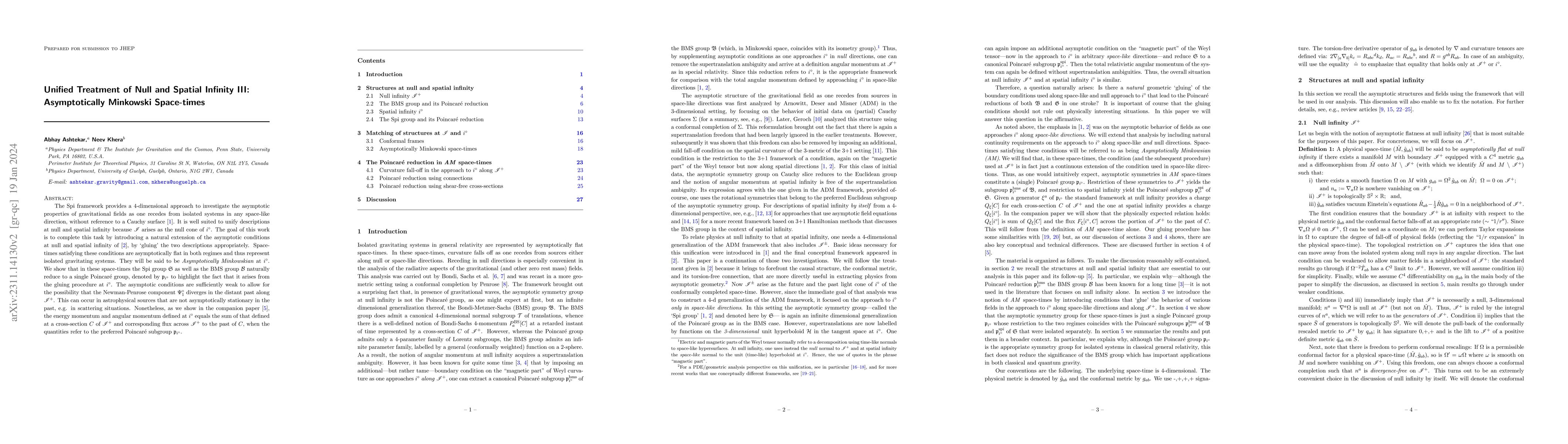 Thumbnail for Unified Treatment of Null and Spatial Infinity III: Asymptotically
  Minkowski Space-times