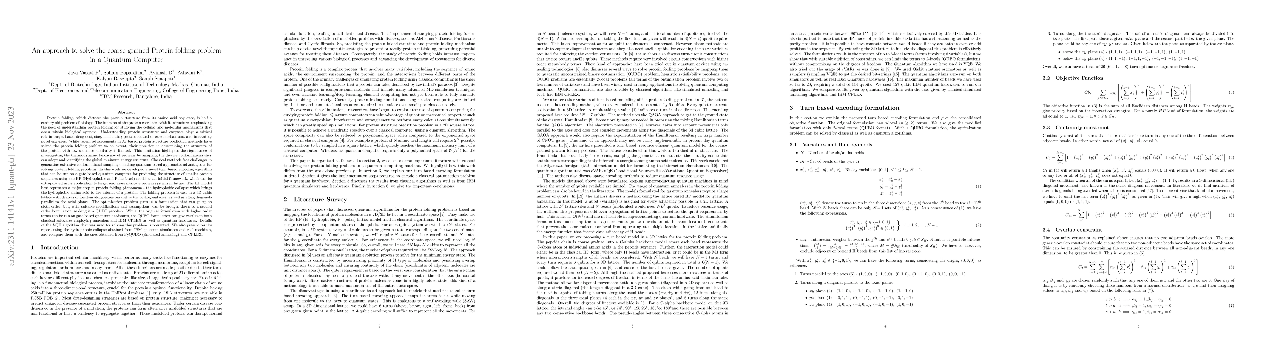 Thumbnail for An approach to solve the coarse-grained Protein folding problem in a
  Quantum Computer