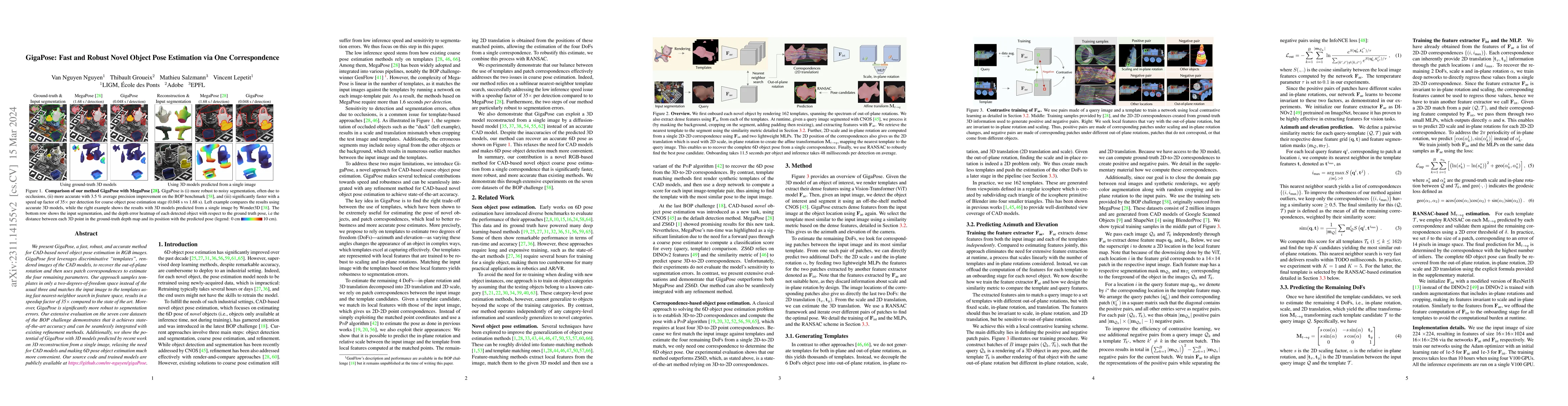 Thumbnail for GigaPose: Fast and Robust Novel Object Pose Estimation via One
  Correspondence