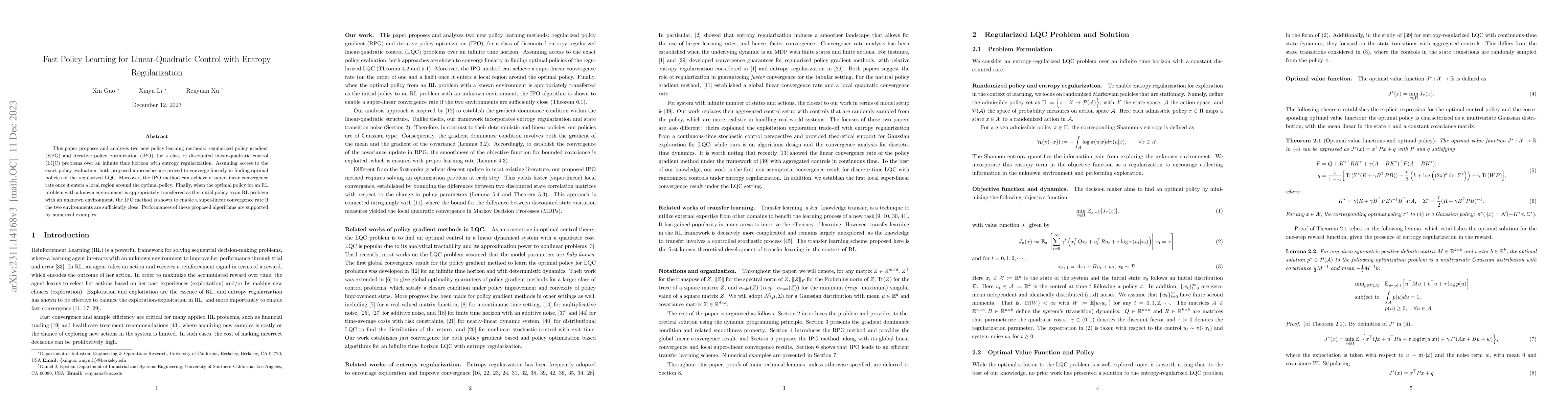 Thumbnail for Fast Policy Learning for Linear Quadratic Control with Entropy
  Regularization