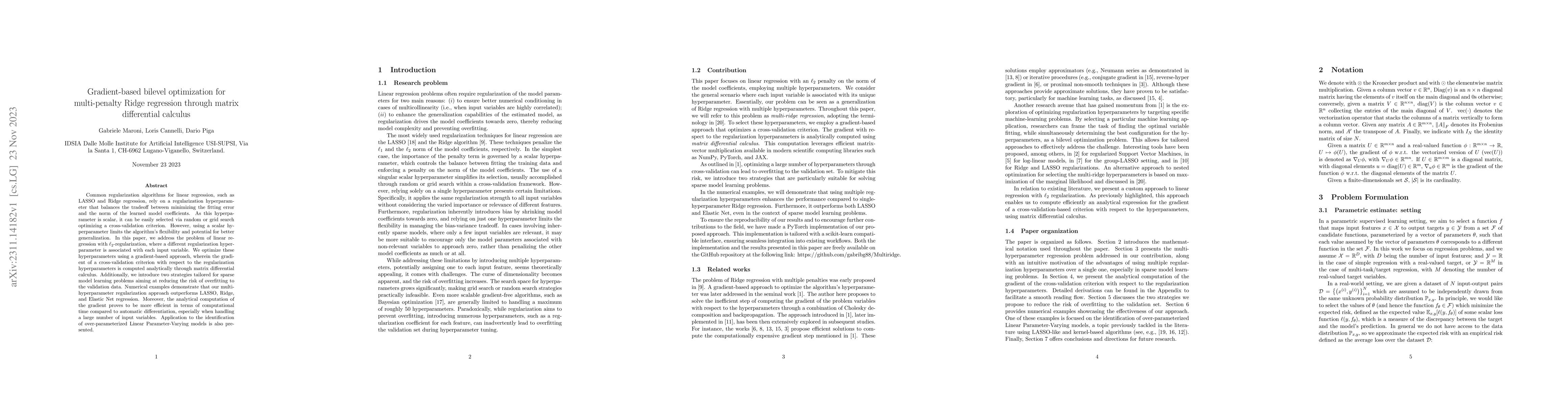 Thumbnail for Gradient-based bilevel optimization for multi-penalty Ridge regression
  through matrix differential calculus