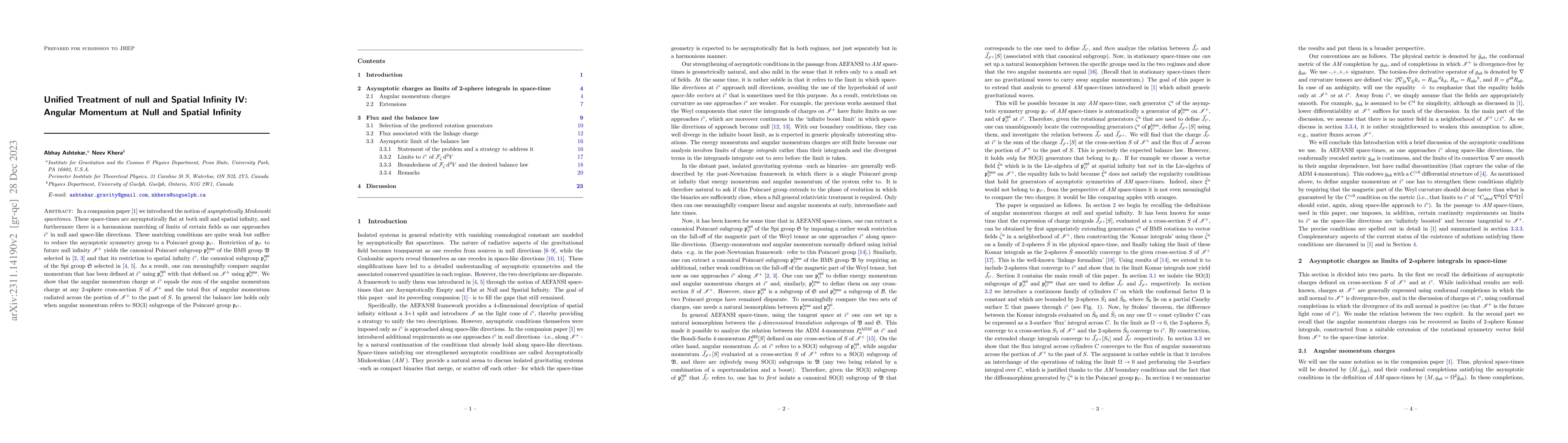 Thumbnail for Unified Treatment of null and Spatial Infinity IV: Angular Momentum at
  Null and Spatial Infinity