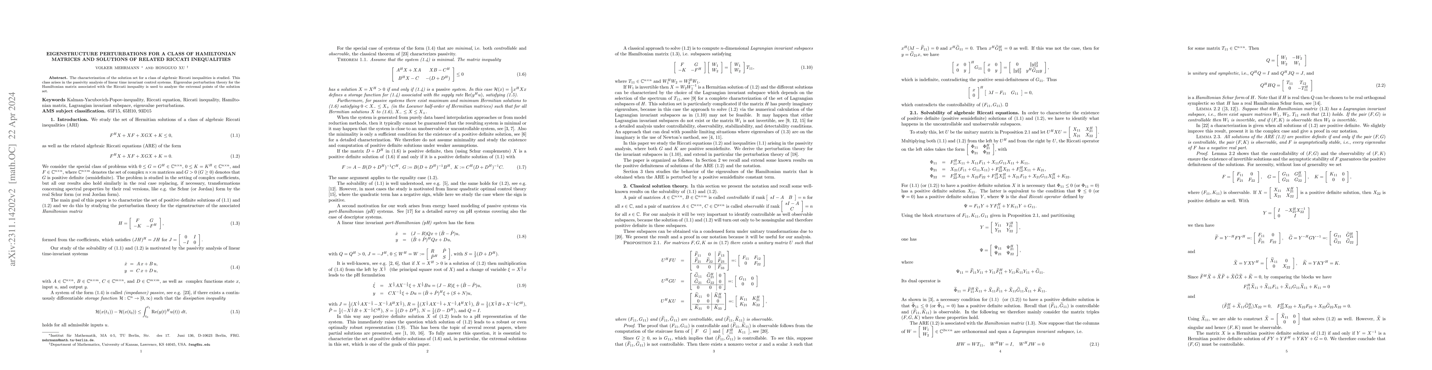 Thumbnail for Eigenstructure perturbations for a class of Hamiltonian matrices and
  solutions of related Riccati inequalities