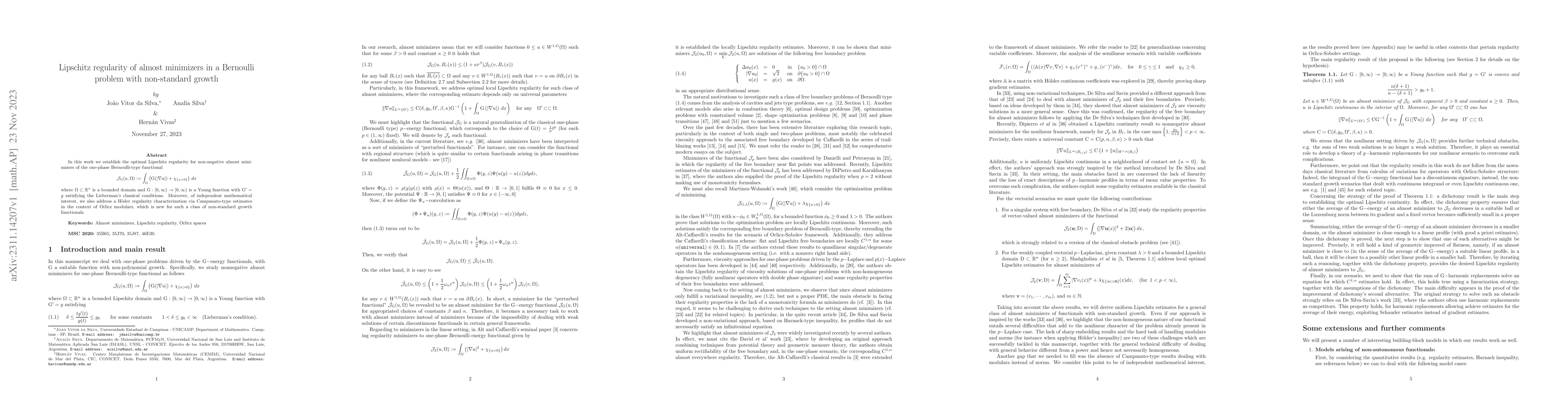 Thumbnail for Lipschitz regularity of almost minimizers in a Bernoulli problem with
  non-standard growth
