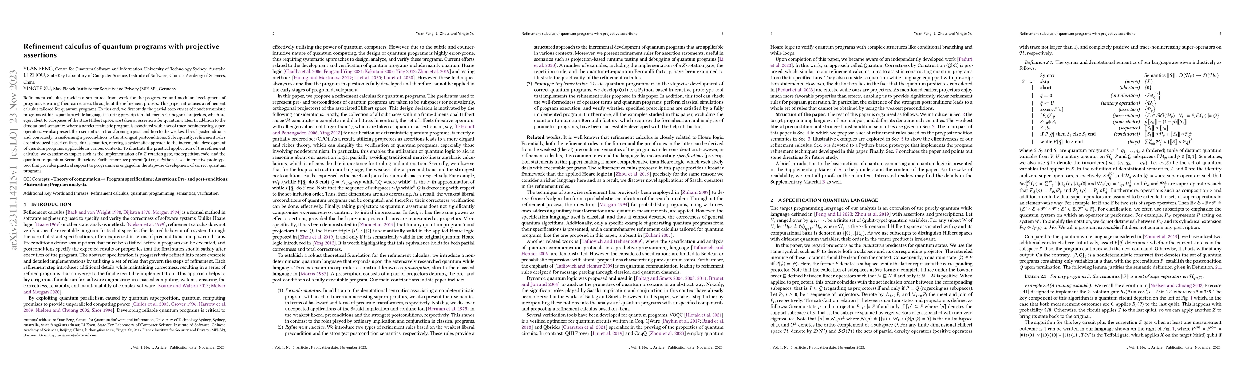 Thumbnail for Refinement calculus of quantum programs with projective assertions