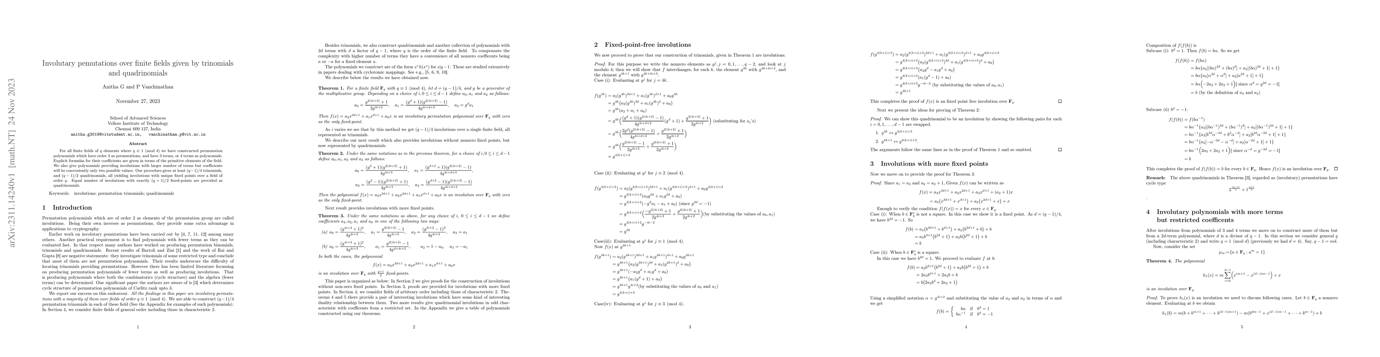 Thumbnail for Involutary pemutations over finite fields given by trinomials and
  quadrinomials