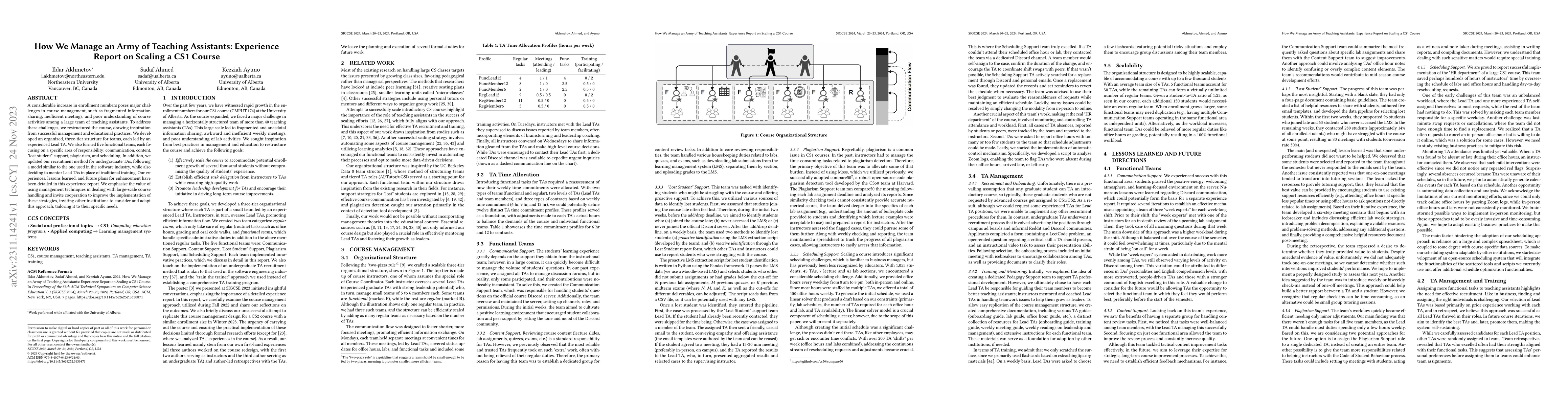 Thumbnail for How We Manage an Army of Teaching Assistants: Experience Report on
  Scaling a CS1 Course