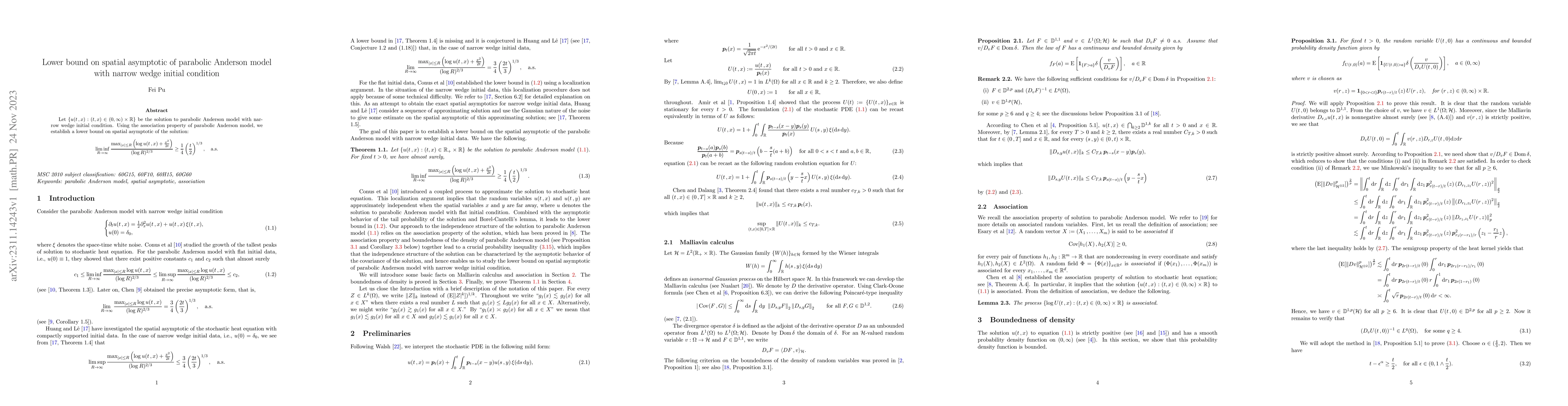 Thumbnail for Lower bound on spatial asymptotic of parabolic Anderson model with
  narrow wedge initial condition
