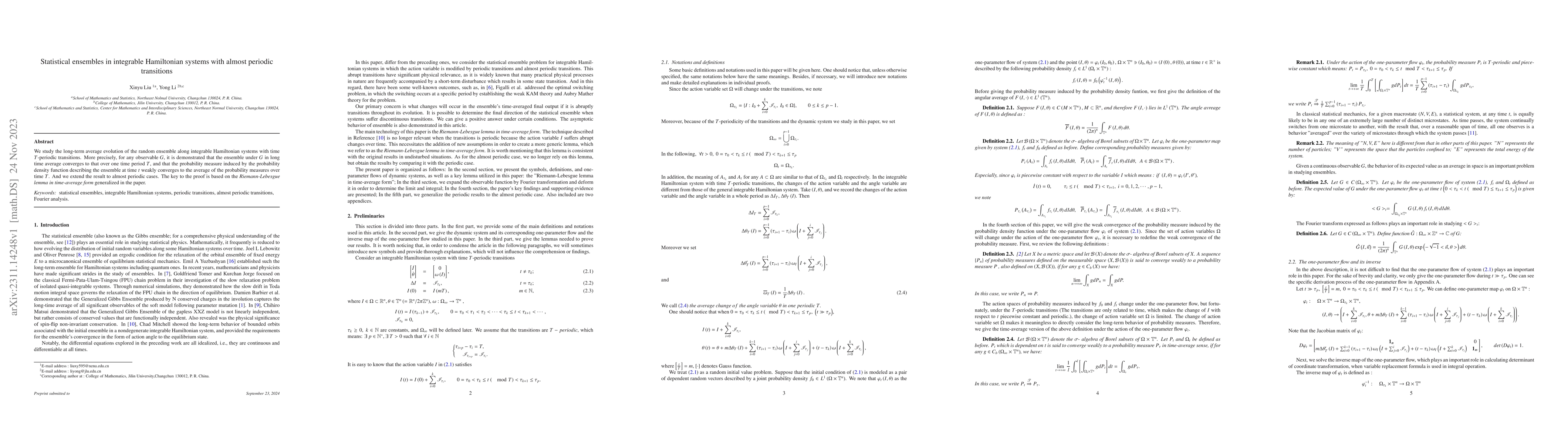 Thumbnail for Statistical ensembles in integrable Hamiltonian systems with almost
  periodic transitions