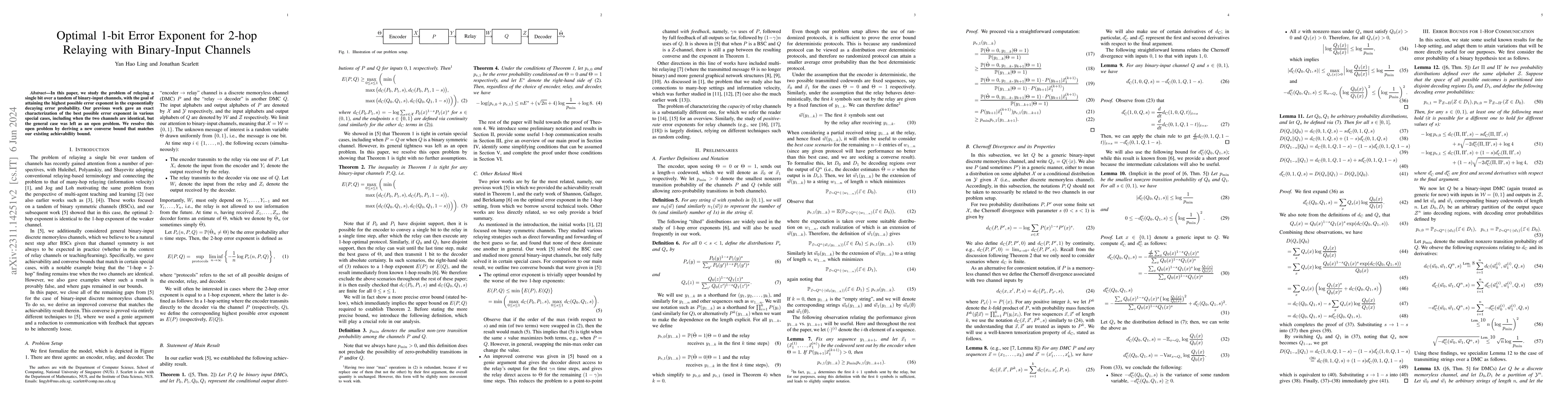 Thumbnail for Optimal 1-bit Error Exponent for 2-hop Relaying with Binary-Input
  Channels