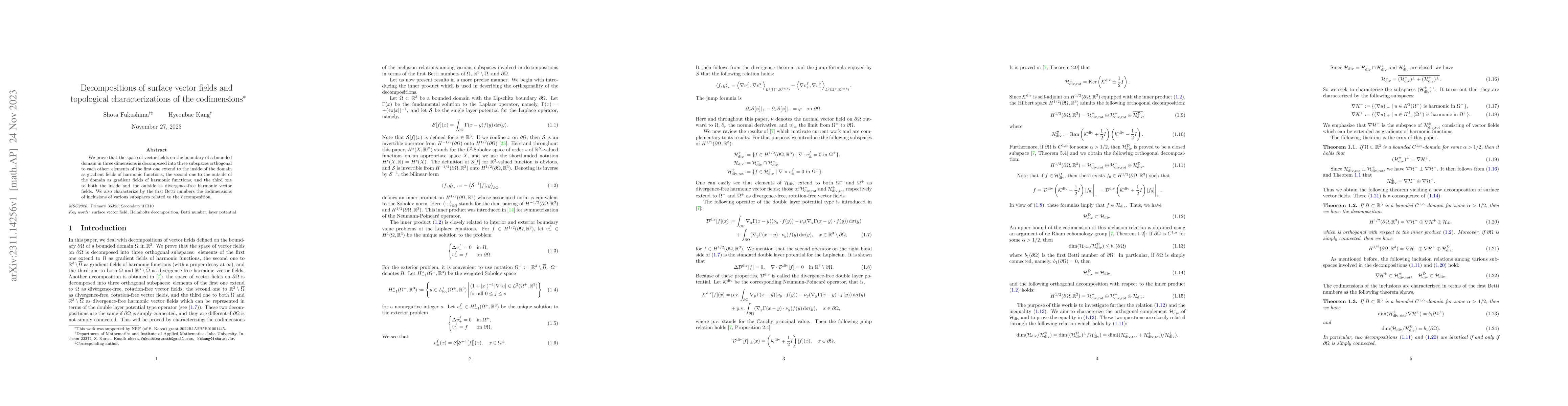 Thumbnail for Decompositions of surface vector fields and topological
  characterizations of the codimensions