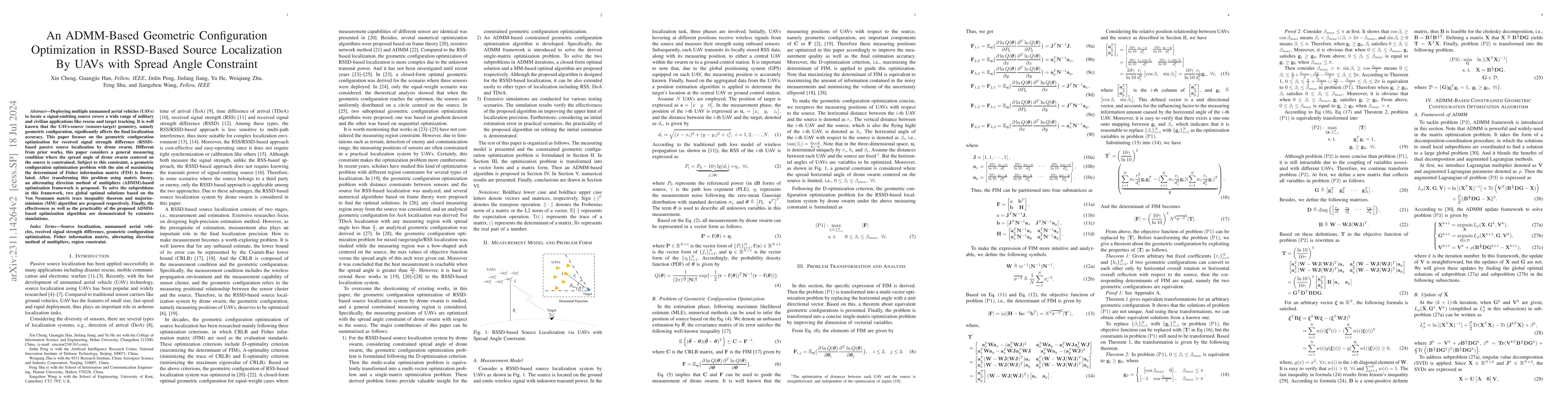 Thumbnail for An ADMM-Based Geometric Configuration Optimization in RSSD-Based Source
  Localization By UAVs with Spread Angle Constraint