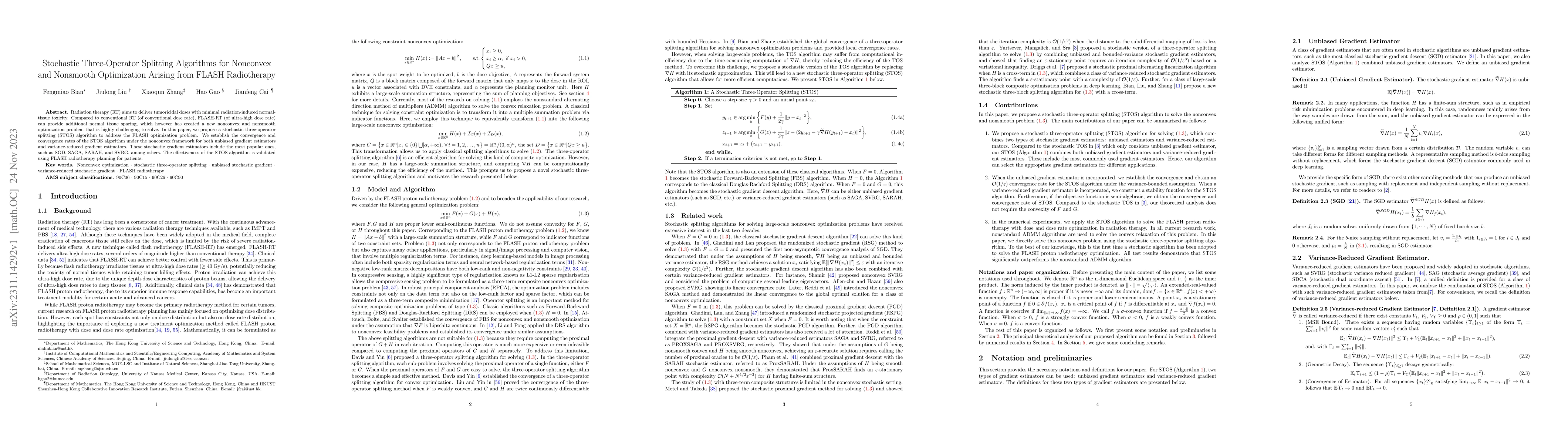 Thumbnail for Stochastic Three-Operator Splitting Algorithms for Nonconvex and
  Nonsmooth Optimization Arising from FLASH Radiotherapy