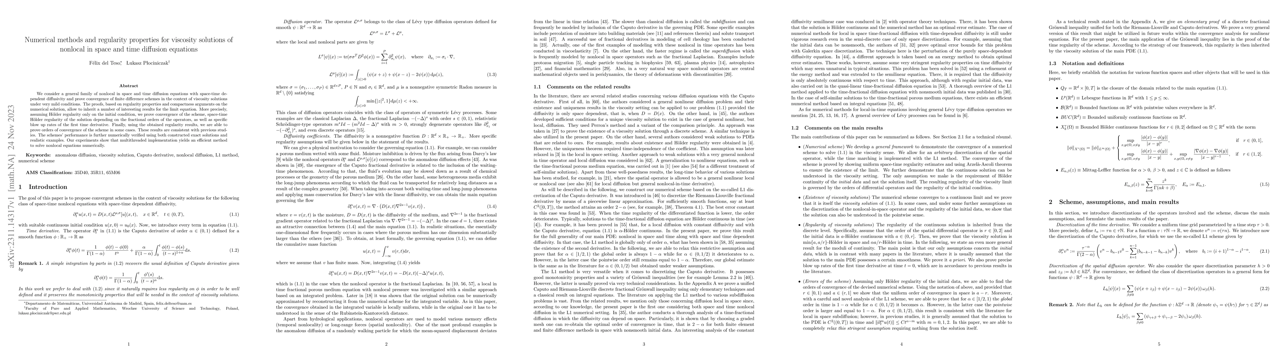 Thumbnail for Numerical methods and regularity properties for viscosity solutions of
  nonlocal in space and time diffusion equations