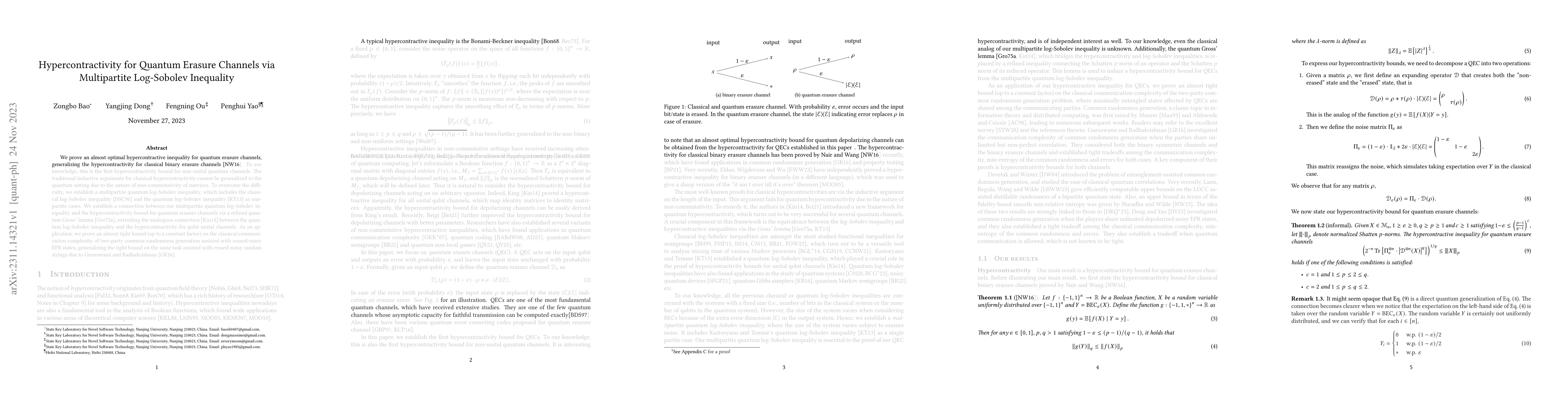 Thumbnail for Hypercontractivity for Quantum Erasure Channels via Multipartite
  Log-Sobolev Inequality