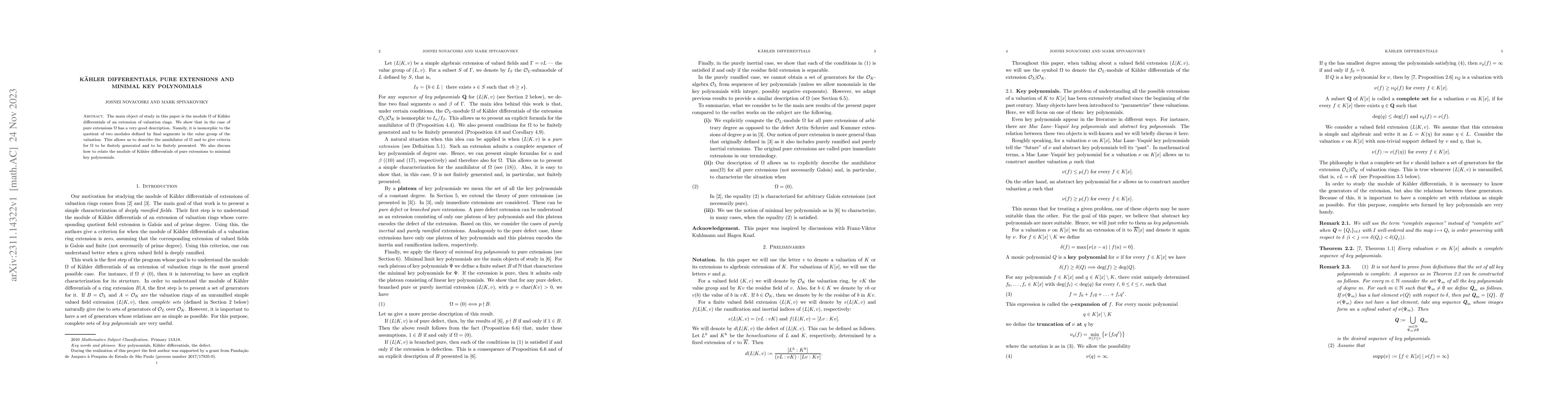 Thumbnail for K\"ahler differentials, pure extensions and minimal key polynomials