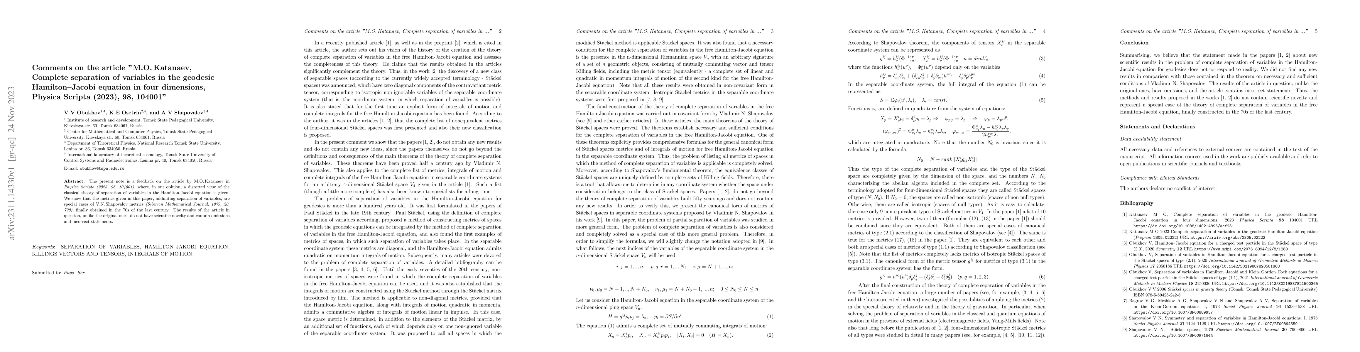 Thumbnail for Comments on the article "M.O. Katanaev, Complete separation of variables
  in the geodesic Hamilton-Jacobi equation in four dimensions, Physica Scripta
  (2023), 98, 104001"