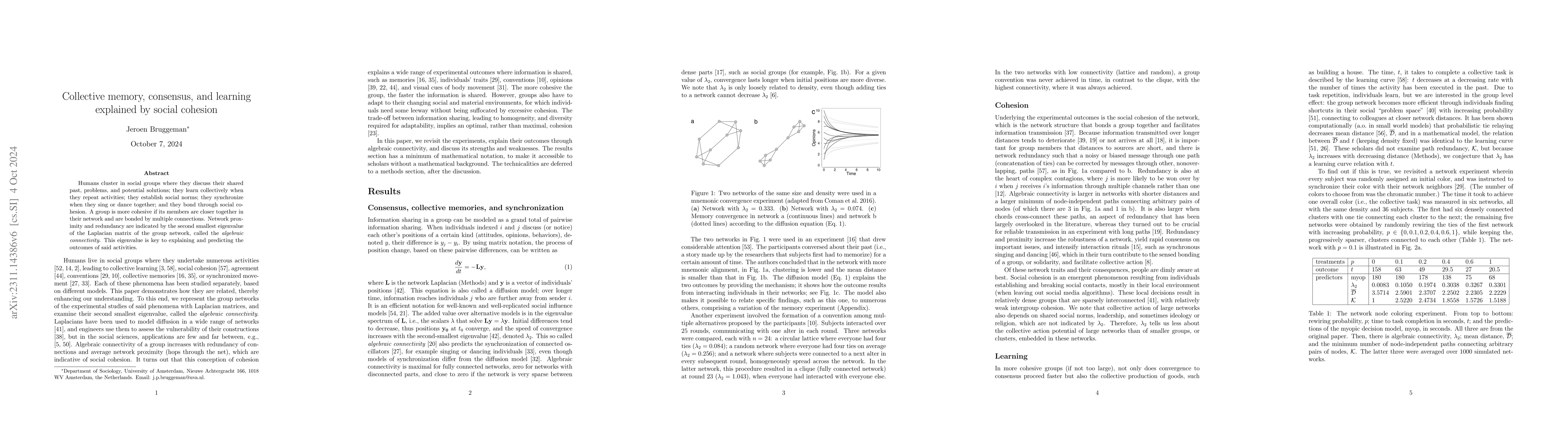 Thumbnail for Collective Memory, Consensus, and Learning Explained by Network
  Connectivity
