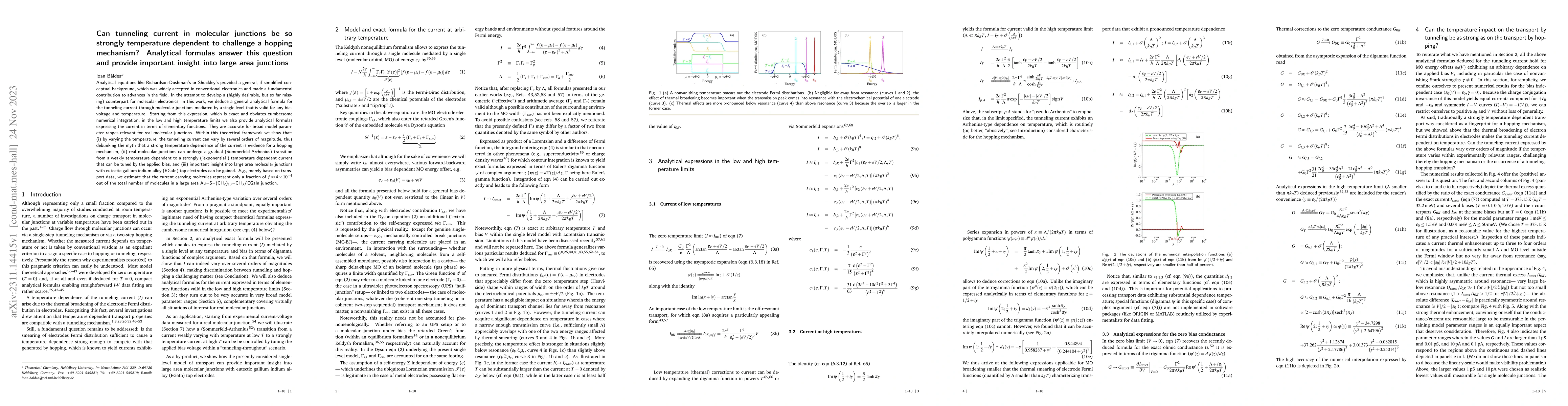 Thumbnail for Can tunneling current in molecular junctions be so strongly temperature
  dependent to challenge a hopping mechanism? Analytical formulas answer this
  question and provide important insight into large area junctions