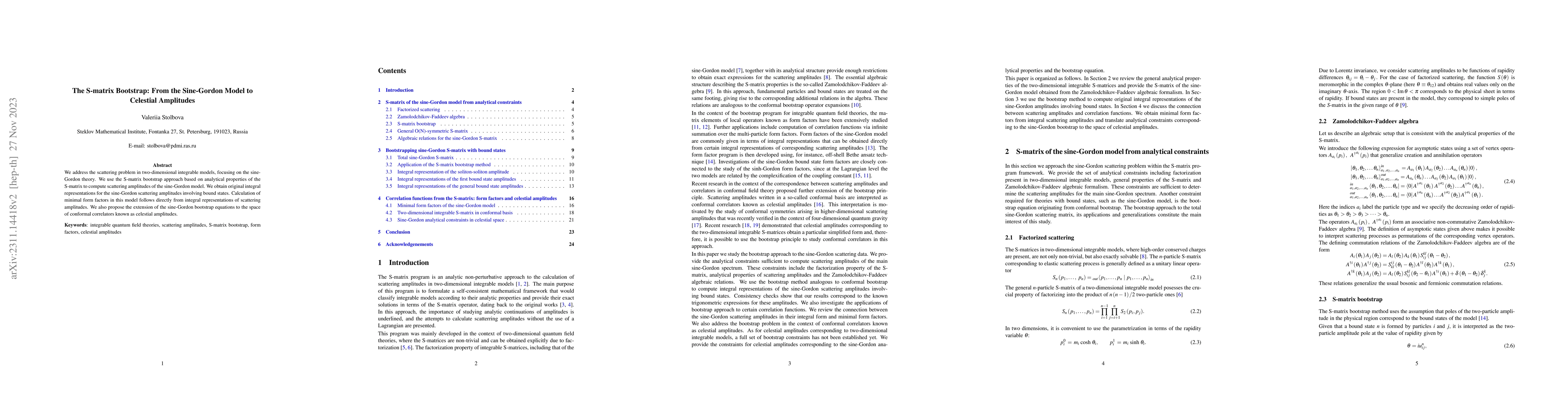 Thumbnail for The S-matrix Bootstrap: From the Sine-Gordon Model to Celestial
  Amplitudes