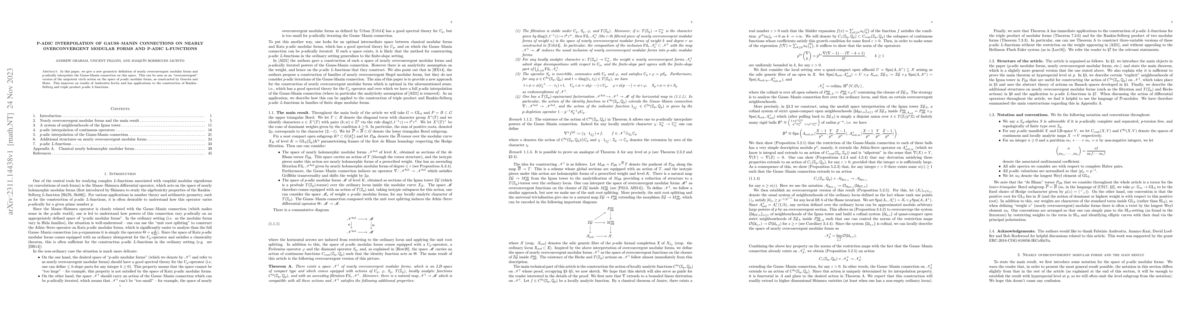 Thumbnail for p-adic interpolation of Gauss--Manin connections on nearly
  overconvergent modular forms and p-adic L-functions