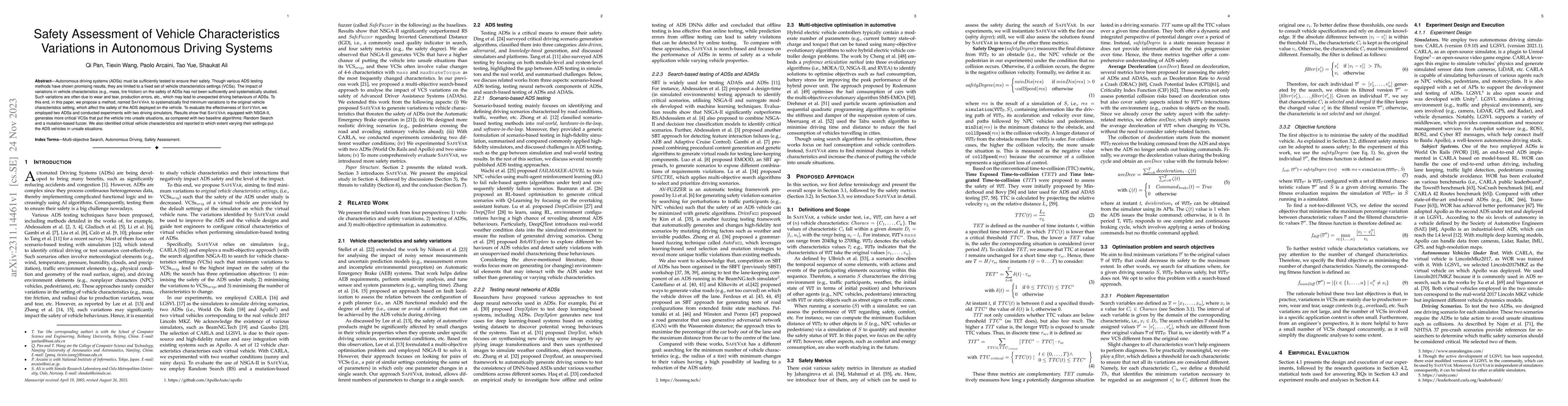 Thumbnail for Safety Assessment of Vehicle Characteristics Variations in Autonomous
  Driving Systems