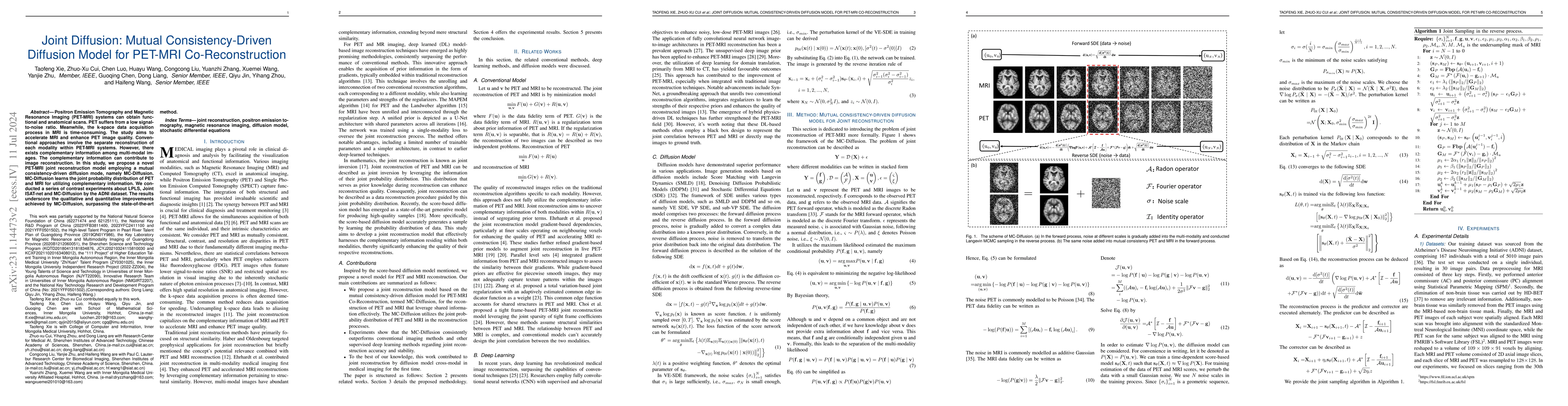 Thumbnail for Joint Diffusion: Mutual Consistency-Driven Diffusion Model for PET-MRI
  Co-Reconstruction
