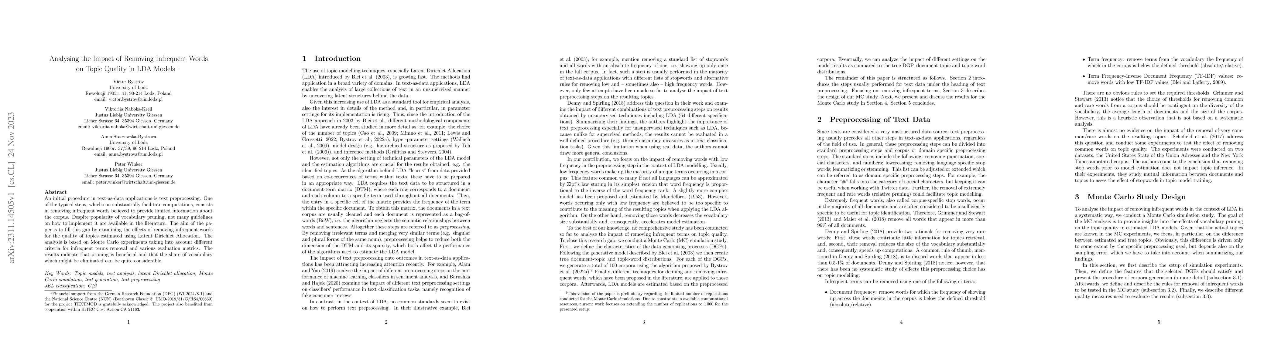 Thumbnail for Analysing the Impact of Removing Infrequent Words on Topic Quality in
  LDA Models