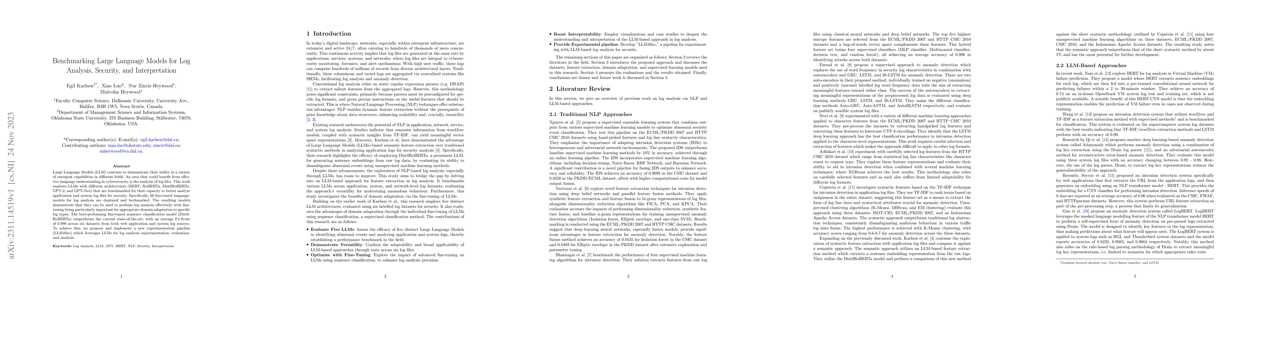 Thumbnail for Benchmarking Large Language Models for Log Analysis, Security, and
  Interpretation