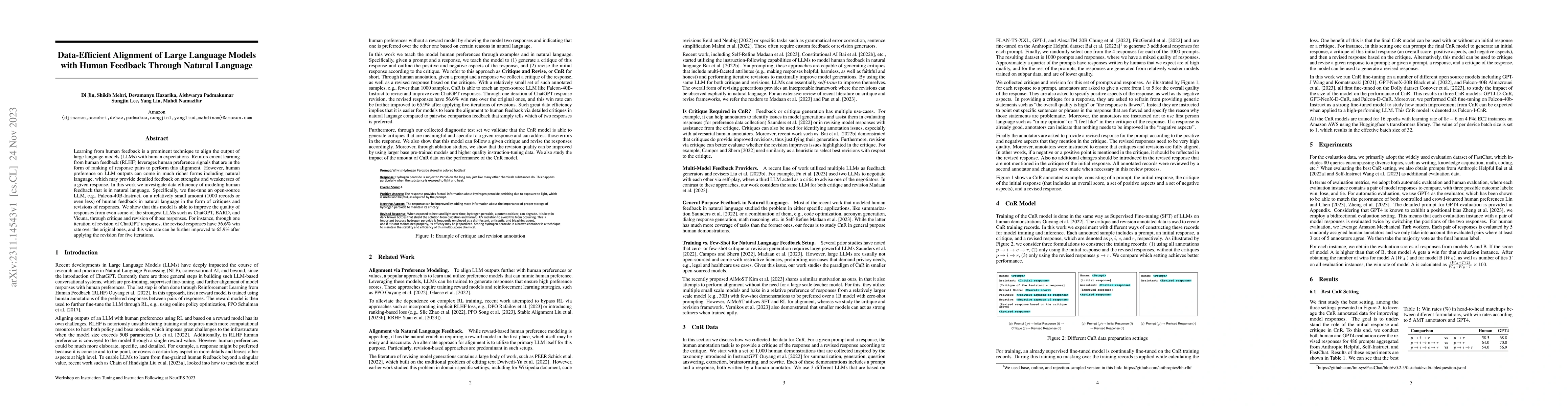 Thumbnail for Data-Efficient Alignment of Large Language Models with Human Feedback
  Through Natural Language