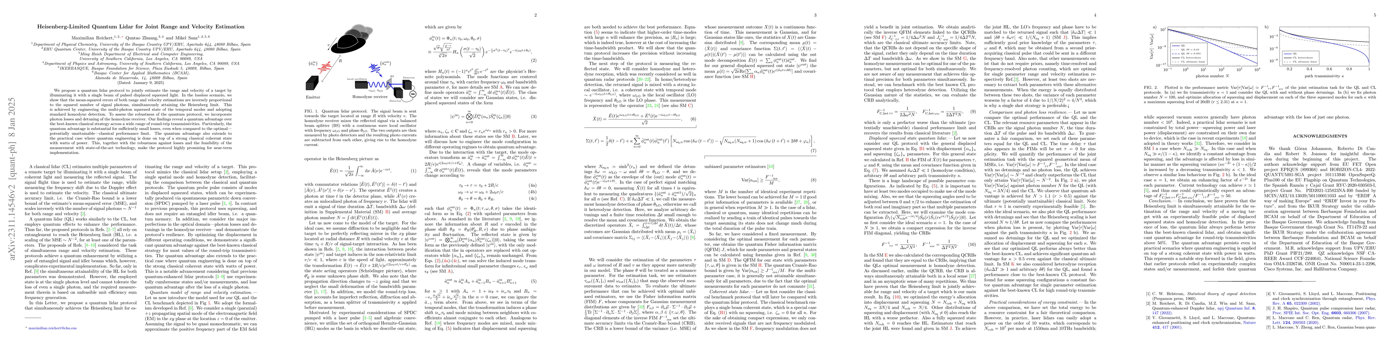 Thumbnail for Heisenberg-Limited Quantum Lidar for Joint Range and Velocity Estimation