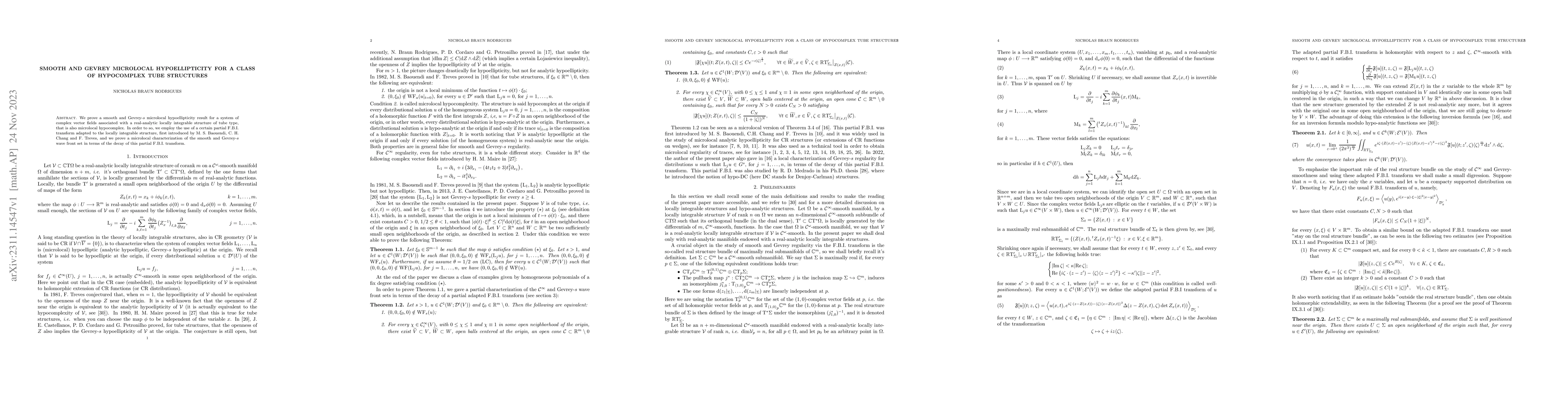 Thumbnail for Smooth and Gevrey Microlocal Hypoellipticity for a Class of Hypocomplex
  Tube Structures