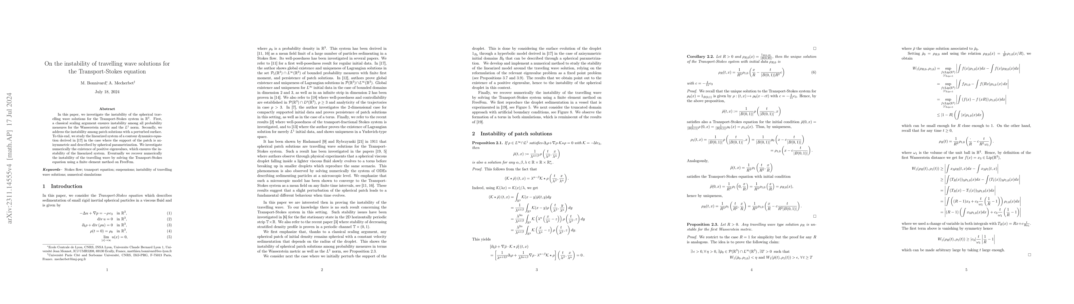 Thumbnail for On the instability of travelling wave solutions for the transport-Stokes
  equation