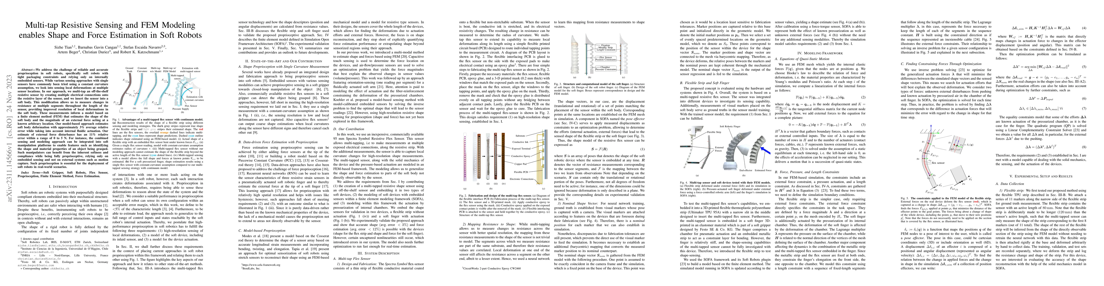 Thumbnail for Multi-tap Resistive Sensing and FEM Modeling enables Shape and Force
  Estimation in Soft Robots