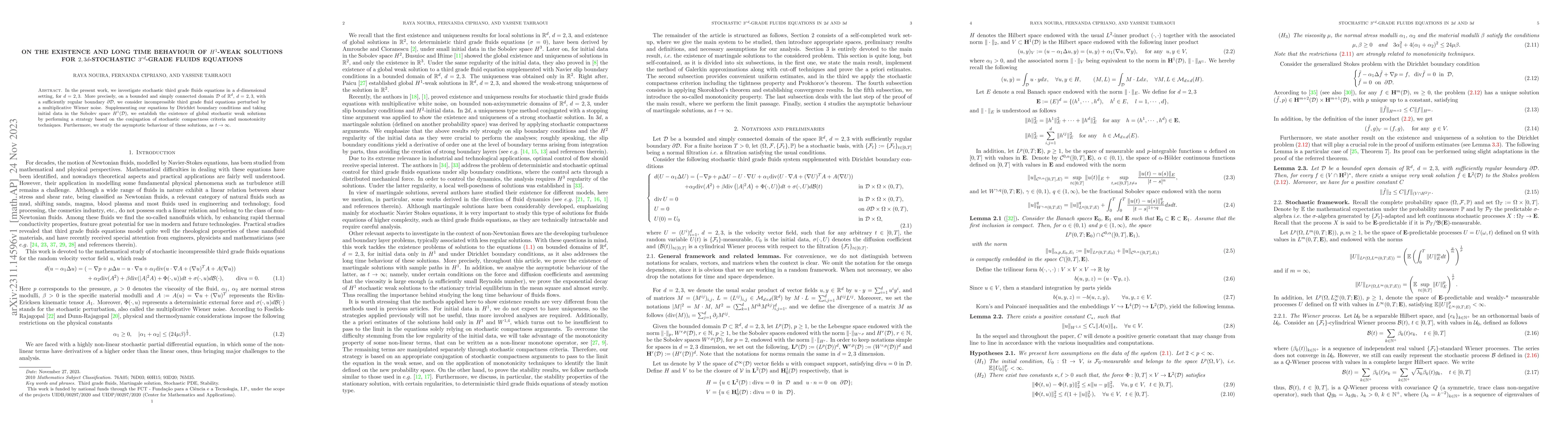 Thumbnail for On the Existence and long time behaviour of $H^{1}$-Weak Solutions for
  $2, 3d$-Stochastic $3^{rd}$-Grade Fluids Equations