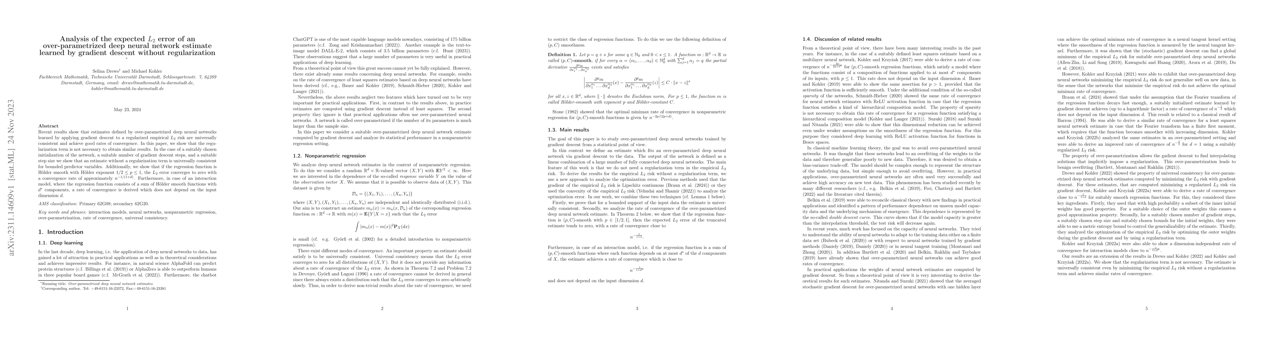 Thumbnail for Analysis of the expected $L_2$ error of an over-parametrized deep neural
  network estimate learned by gradient descent without regularization