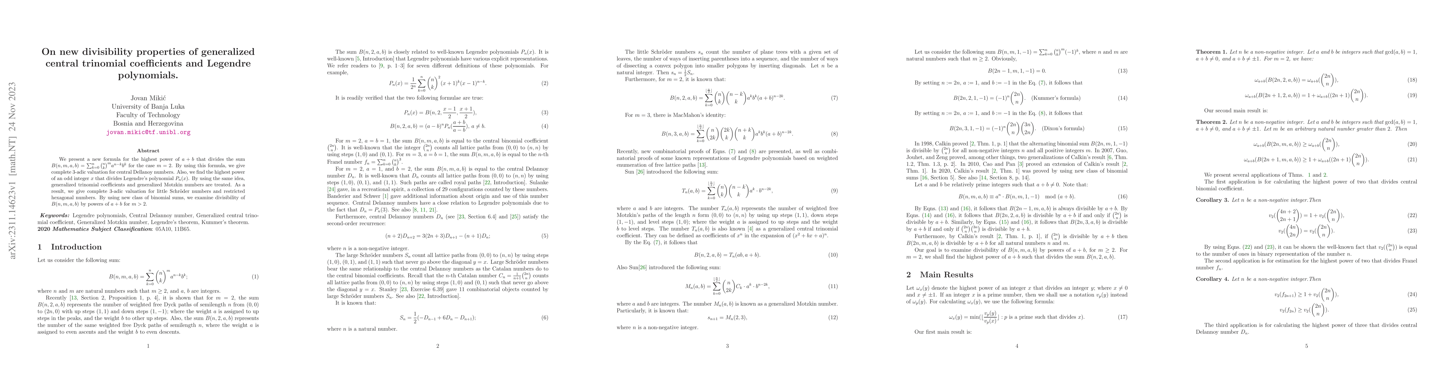 Thumbnail for On new divisibility properties of generalized central trinomial
  coefficients and Legendre polynomials