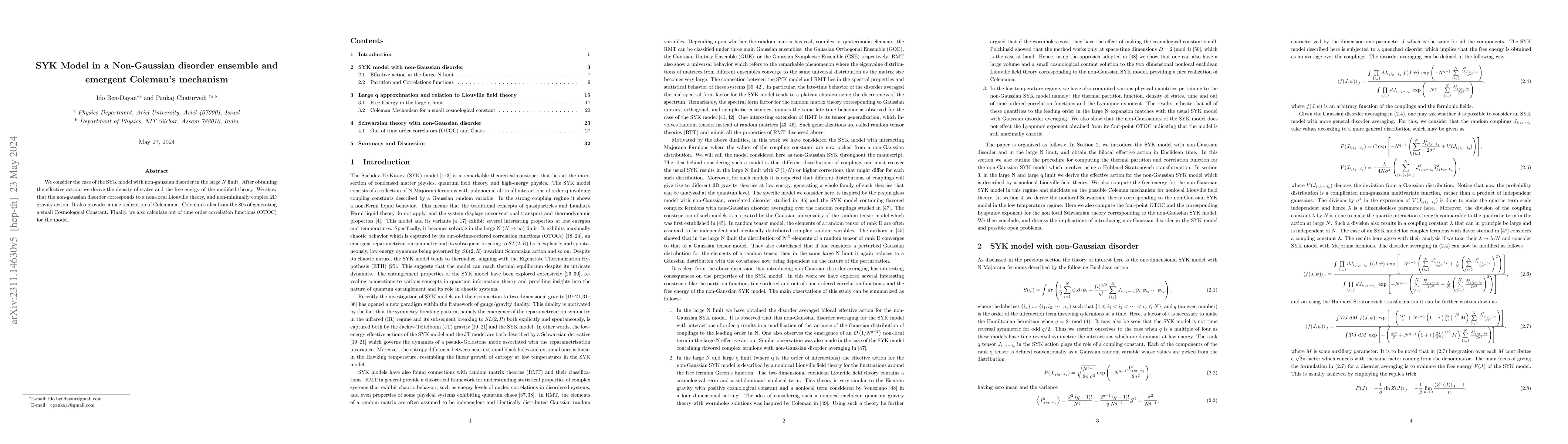 Thumbnail for SYK Model in a Non-Gaussian disorder ensemble and emergent Coleman's
  mechanism